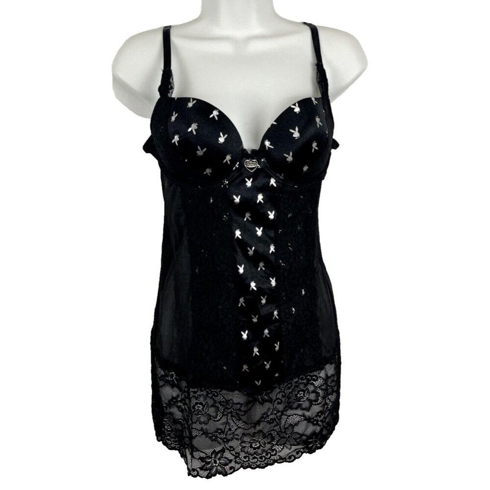 Playboy Intimates Lace & Metallic Babydoll Nightgown Womens Size L
